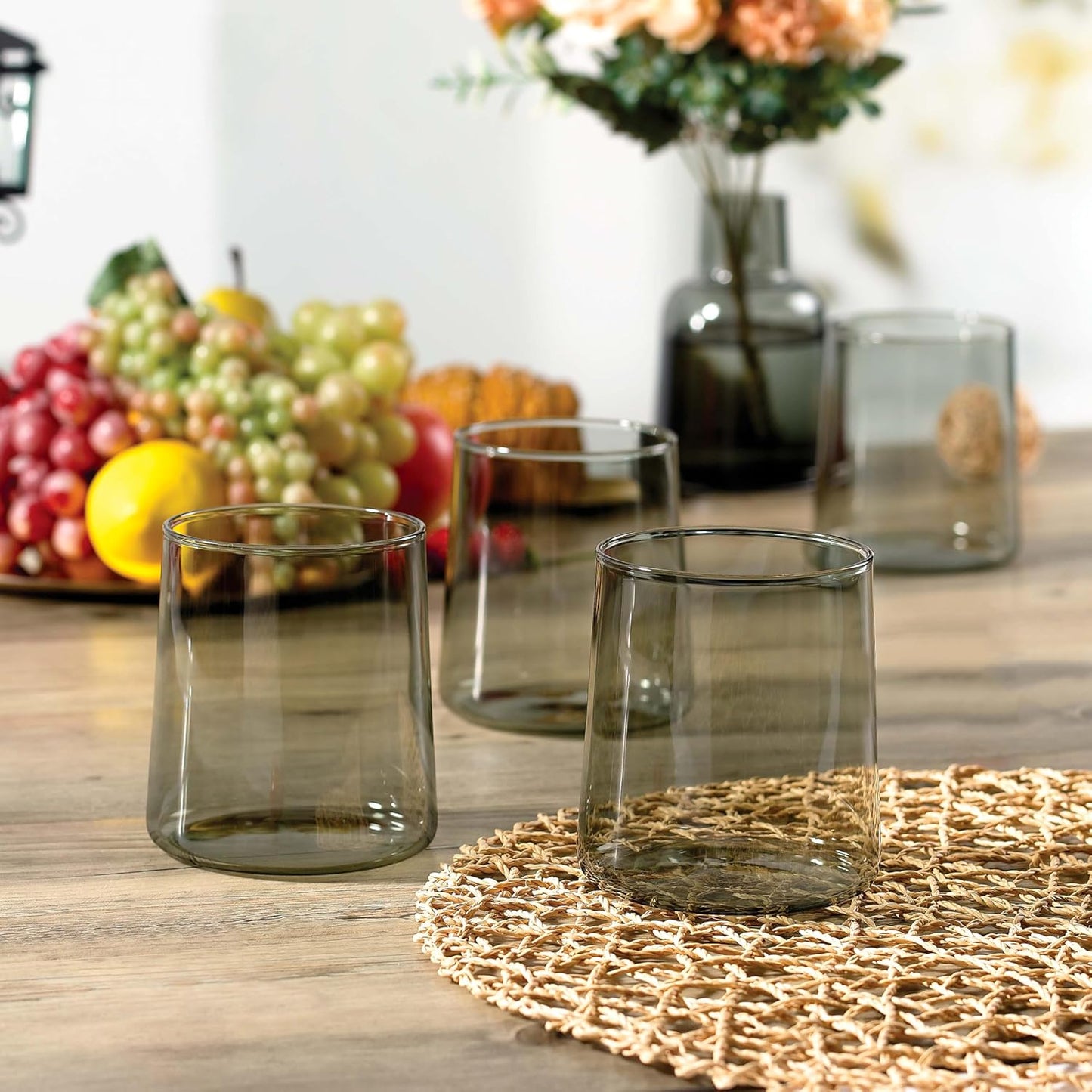 Joseph Sedgh Collection Smokey Grey Glass Tumbler Set of 4 – 16.5 oz Borosilicate Glassware – Durable, Lead-Free, Dishwasher Safe – Modern Grey Drinking Glasses for Home