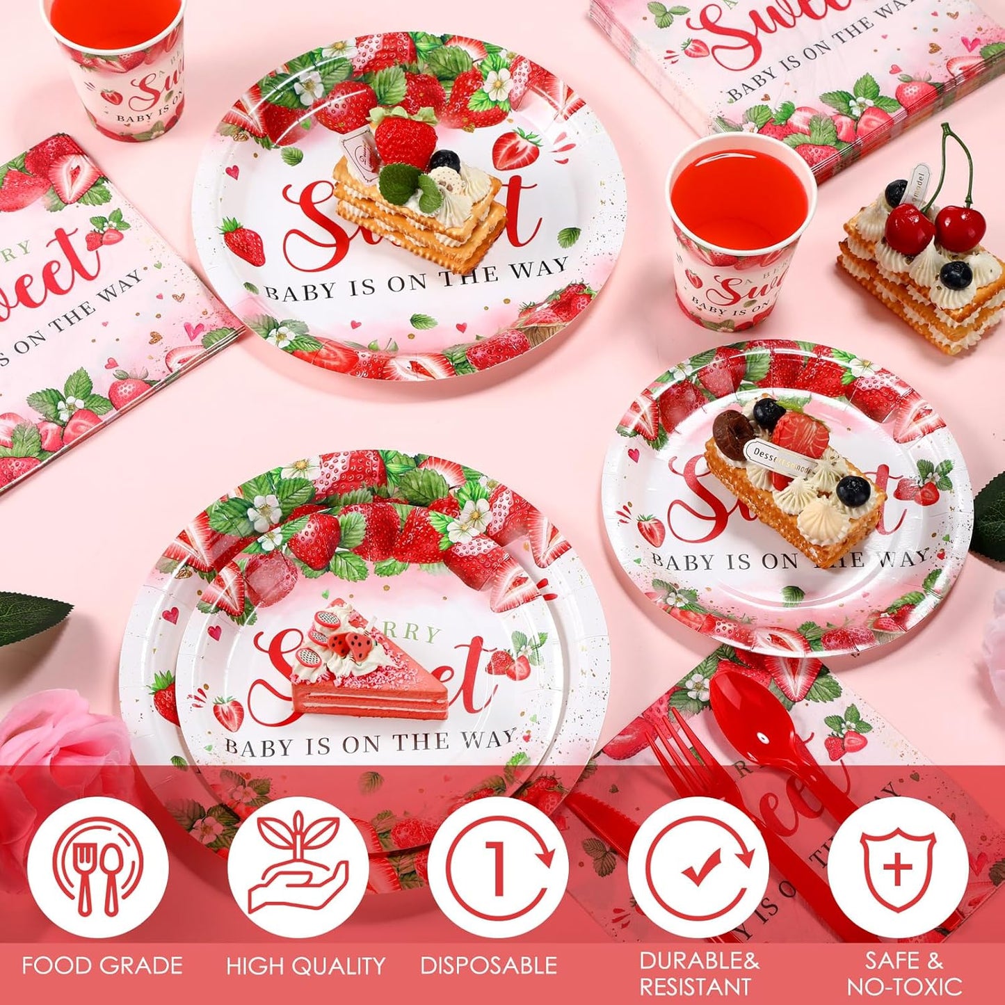 Dandat 350 Pcs Baby Shower Plates Set Baby Shower Party Supplies Serves 50 Tableware Sets Include Plates Napkin Cup Forks Knives Spoons Disposable Dinnerware(Strawberry,Red)