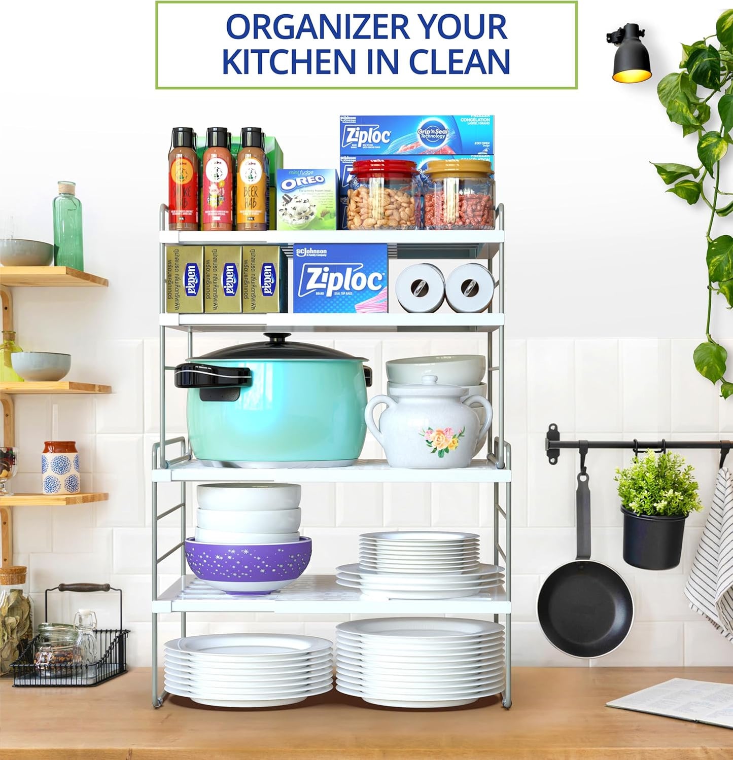 YAN & HIN 2 Packs 3-Tier Pantry Cabinet Organizers and Storage, Adjustable Height and Expandable Kitchen Plastic Wrap Organizer, Sturdy Aluminum Foil Countertop and Storage for Multi-Purpose Use