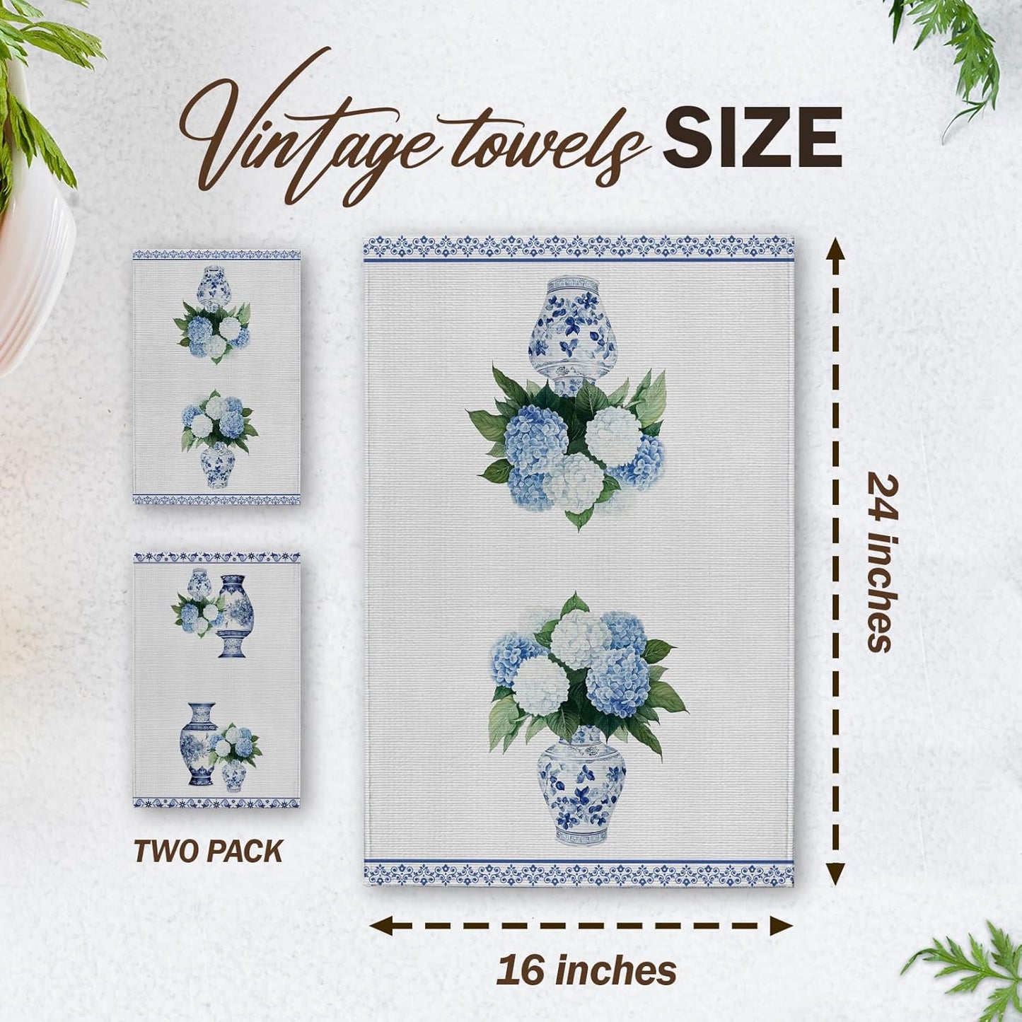 Blue and White Hydrangea Porcelain Floral Kitchen Towels, Chinoiserie Porcelain House Hand Towel Set of 2, Vintage Gifts for Home Bathroom Holiday Decor - A08