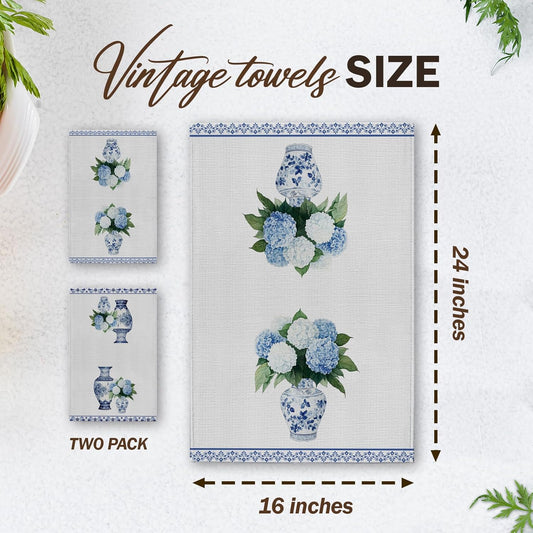 Blue and White Hydrangea Porcelain Floral Kitchen Towels, Chinoiserie Porcelain House Hand Towel Set of 2, Vintage Gifts for Home Bathroom Holiday Decor - A08