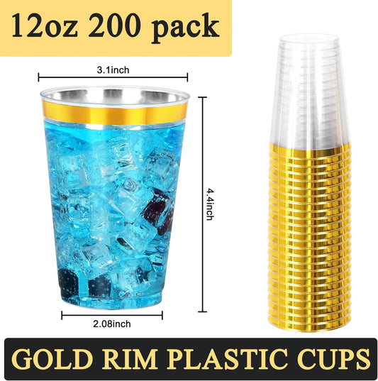 200 Pcs Gold Plastic Cups,12oz Gold Rimmed Plastic Cups,Heavy Duty Disposable Plastiic Wine Glasses Cocktail Glasses Premium Cup with Gold Rim for Party,Wedding,Christmas