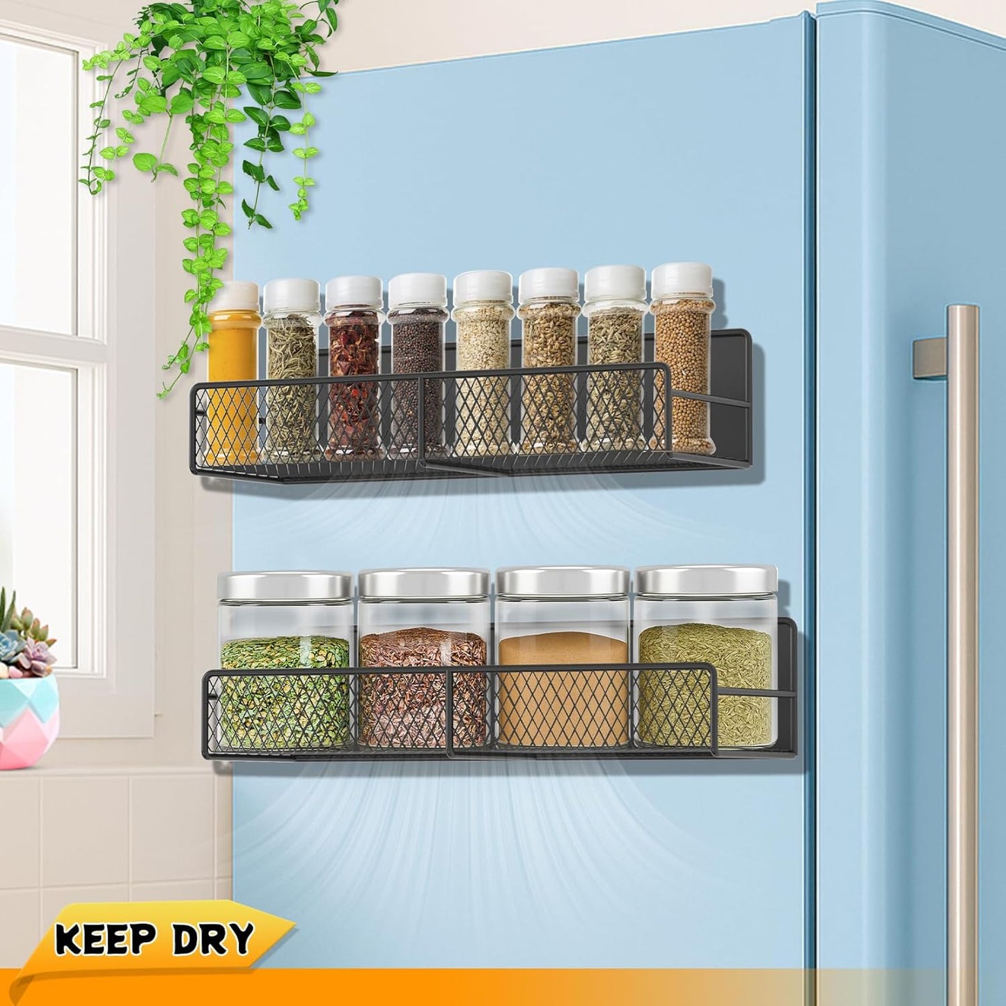 Magnetic Spice Rack for Refrigerator, 2 Pack Magnetic Shelf for Fridge with 4 Hooks, Black Magnetic Shelves, Organization and Storage Kitchen, Magnet Shelf for Fridge, Cabinet Organization