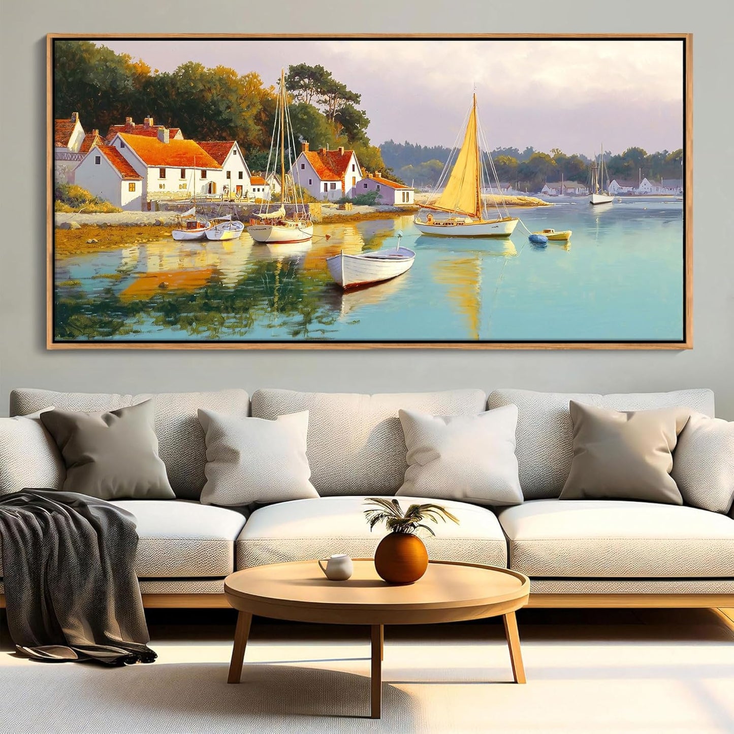 AJAZIKO Coastal Wall Art - Rustic Ocean & boat Canvas Art for Living Room & Bedroom Decor - Framed Landscape Artwork for Walls - Italian Farmhouse & Country Wall Decor Print Pictures20x40IN