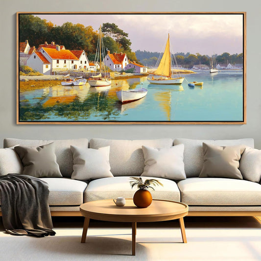 AJAZIKO Coastal Wall Art - Rustic Ocean & boat Canvas Art for Living Room & Bedroom Decor - Framed Landscape Artwork for Walls - Italian Farmhouse & Country Wall Decor Print Pictures20x40IN