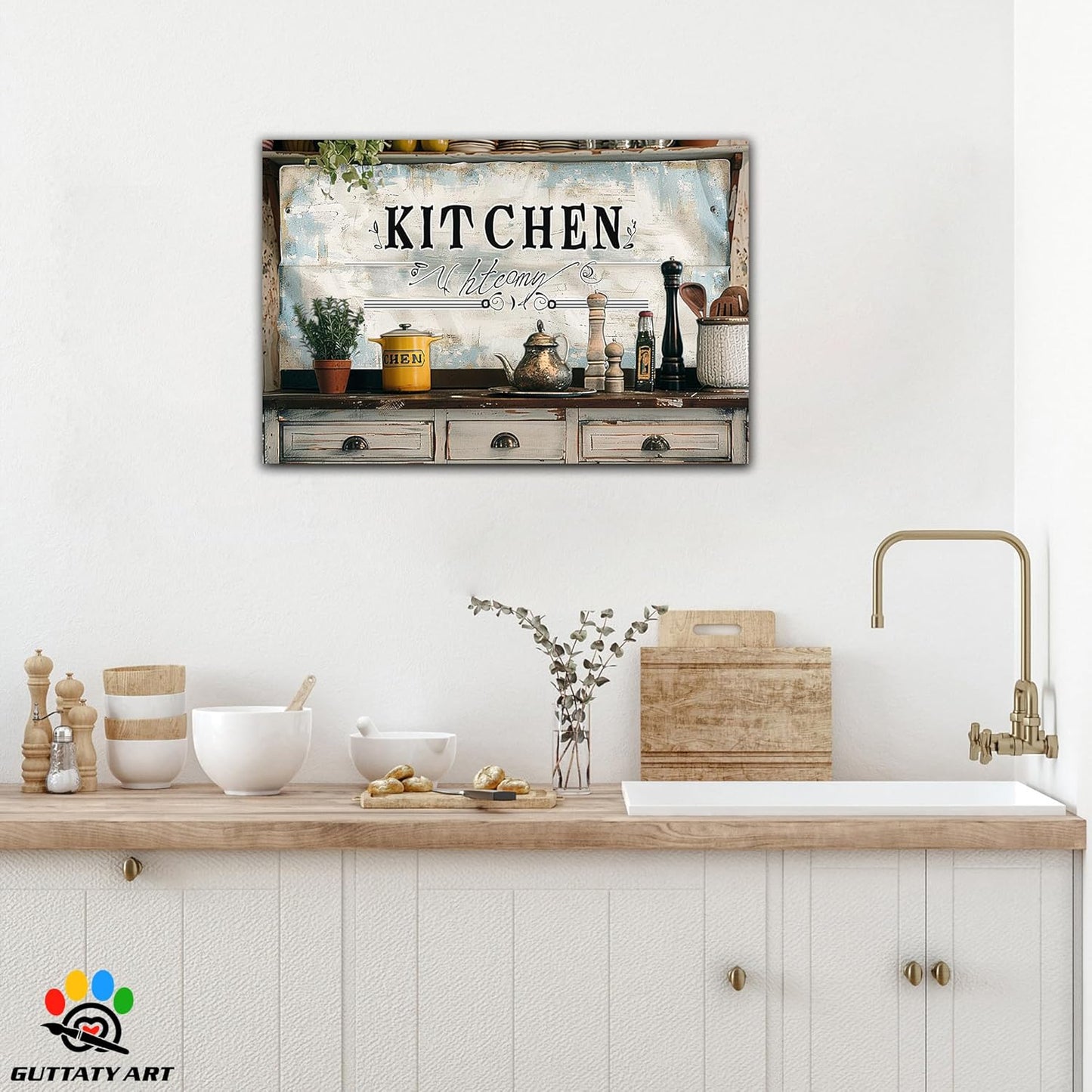 GUTTATY Farmhouse Wall Art Rustic Kitchen Decor, Ready to Hang Graffiti Kitchen Canvas Print Spoon And Vegetable,Vintage Posters Prints for Dinning Room Home Kitchen Restaurant Painting 18×24 Inch