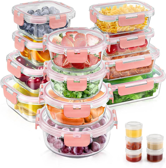 34pcs Glass Food Storage Containers with Lids Set, Airtight Glass Meal Prep Containers (17 Containers & 17 Lids), Leak Proof Lunch Containers BPA-Free, Microwave, Oven, Freezer, Dishwasher Safe-PINK
