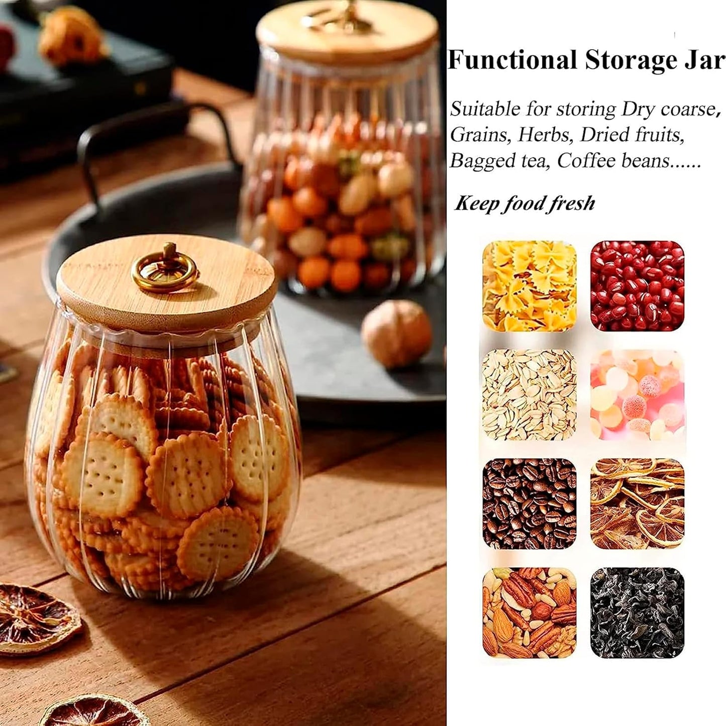 Viovian 1600ml(54FL OZ) Glass Jar with Lid Large Glass Coffee Nuts Canister Airtight Storage Jar with Bamboo Lid Kitchen Containers for Candy Snack Coffee Beans Tea Cookie(Large Oval)