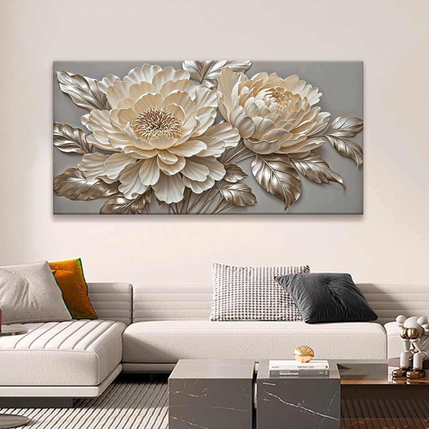 Tsomzxng White Wall Art Modern Flower Wall Decor Canvas Prints Picture White Flower Canvas Art Wall Decor Modern Elegance Wall Artwork Bedroom Living Room Office Home Decoration 24" X 48"