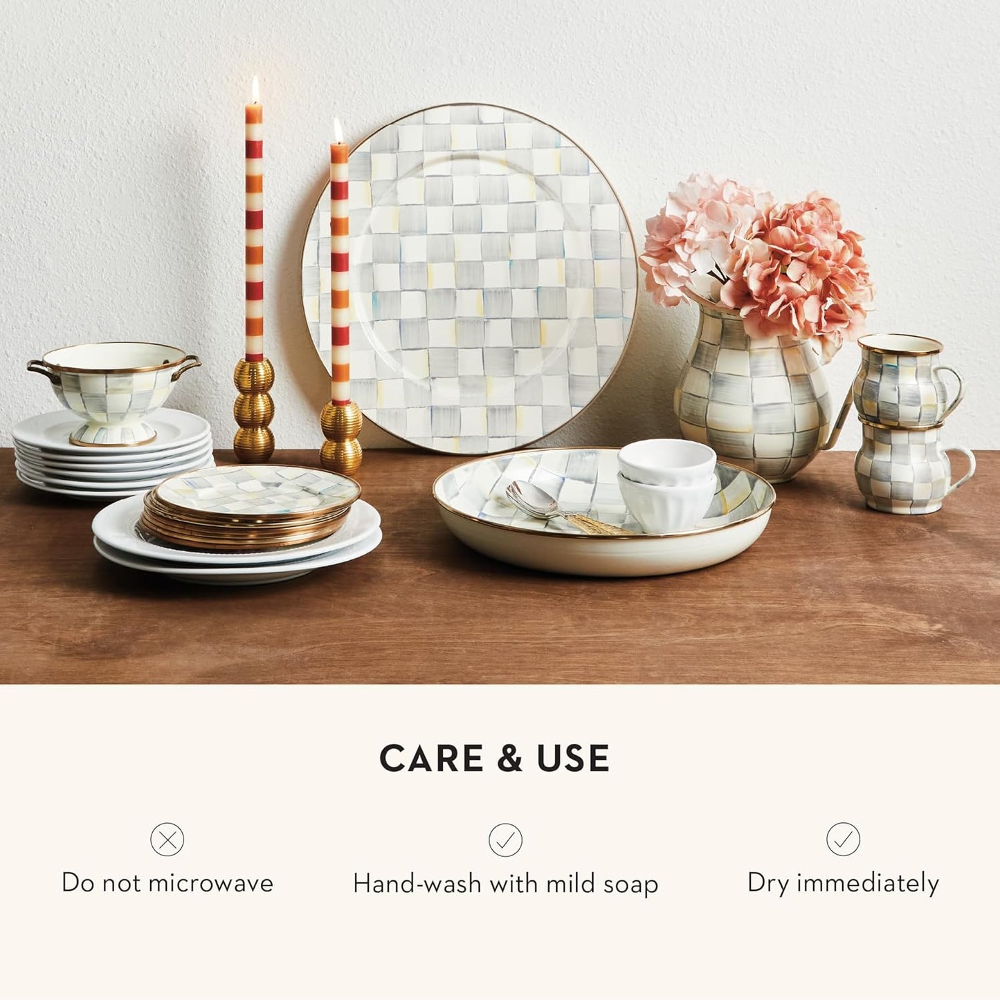 MACKENZIE-CHILDS Enamel Bowl, Serving Bowl for Entertaining, Simply Anything Bowl, Gray-and-White Sterling Check