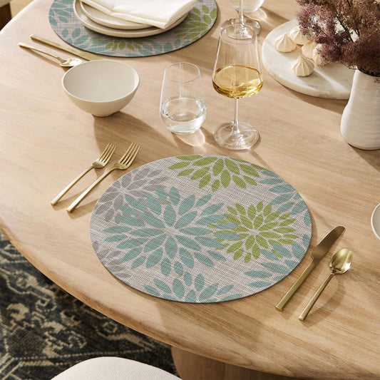 Artoid Mode Light Green Dahlia Plastic Round Placemats Set of 4, 14 Inch Seasonal Wipeable Woven Vinyl Table Mats for Farmhouse Party Kitchen Dining Decor