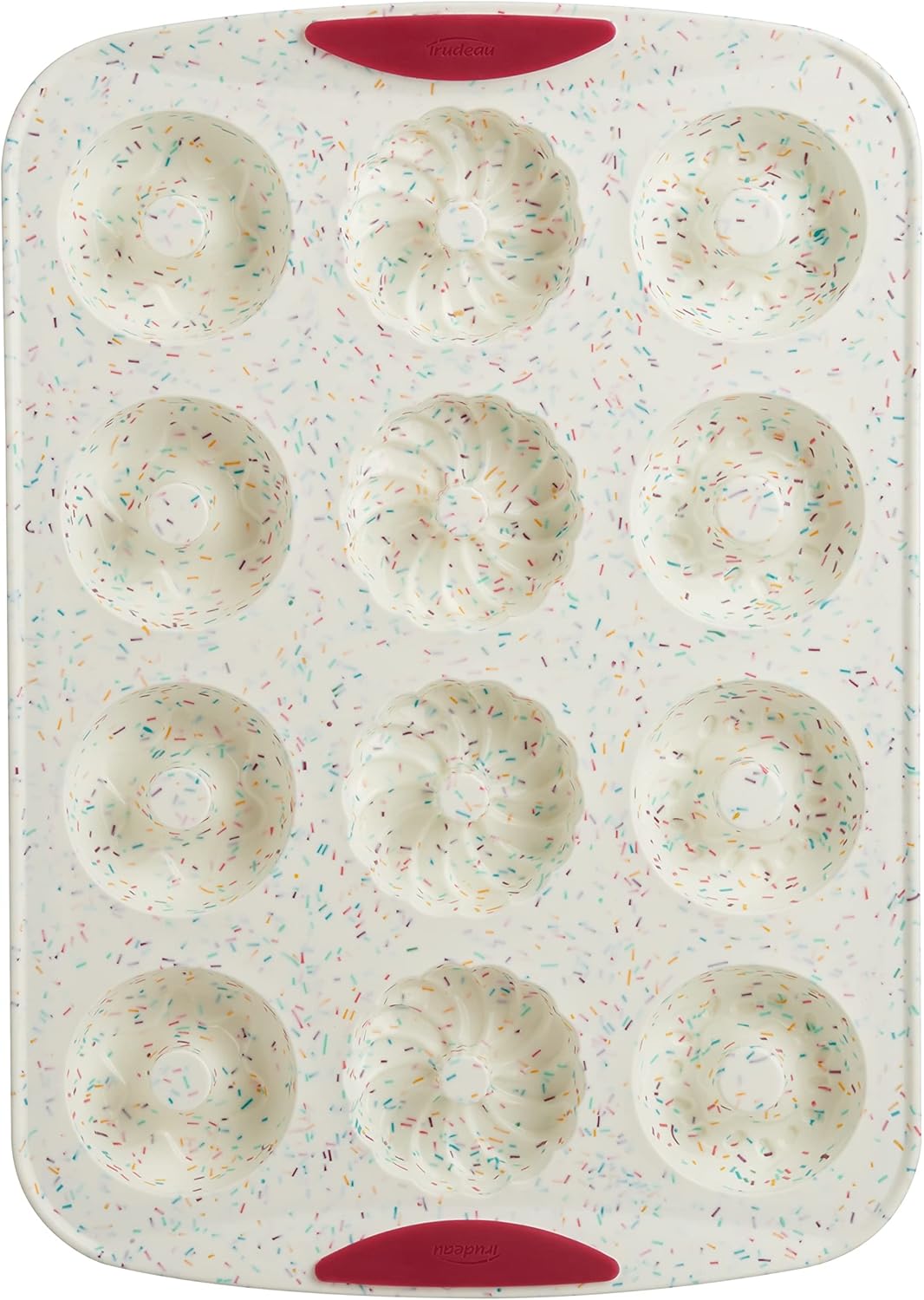 Trudeau 12-Cavity Donut Pan – Nonstick Baking Mold for Homemade Donuts, White Confetti/Fuchsia – Easy Release, Dishwasher Safe