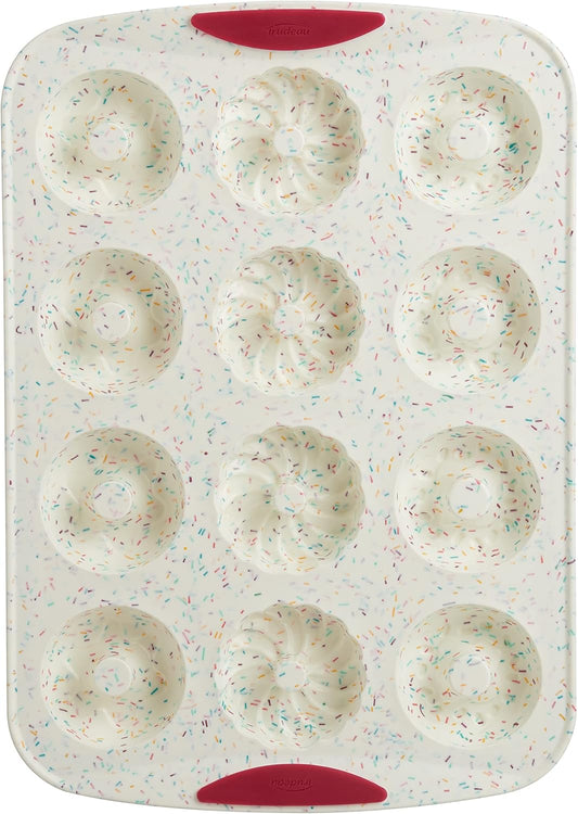 Trudeau 12-Cavity Donut Pan – Nonstick Baking Mold for Homemade Donuts, White Confetti/Fuchsia – Easy Release, Dishwasher Safe