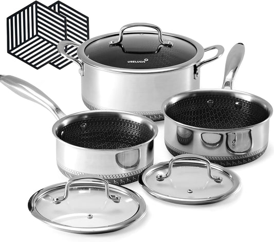 Hybrid Nonstick 6-Piece Pot Set with 2 Silicone Trivets, 1.5 QT Sauce Pan, 2 and 5.2 QT Stock Pot with Glass Lids, Stay-Cool Handles, Dishwasher-Friendly,Compatible All Cooktops
