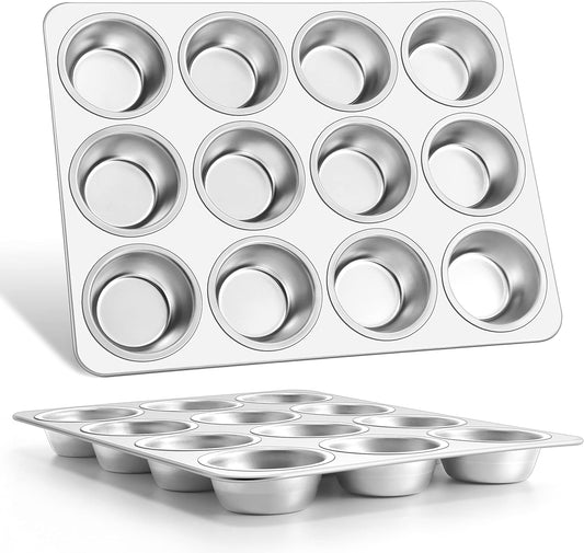E-far Muffin Pan 12-Cup, Set of 2, Stainless Steel Cupcake Pan Metal Muffin Baking Tins for Oven, Regular Size & Easy Clean, Non-toxic & Dishwasher Safe
