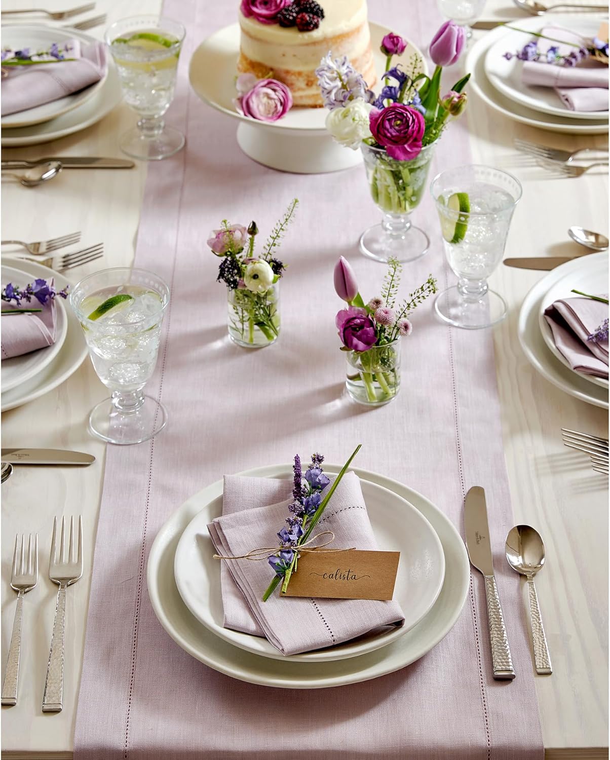 Solino Home Linen Lilac Table Runner 132 Inches Long - 100% Pure Linen Extra Long Table Runner 14 x 132 Inch for Fall, Autumn, Thanksgiving, Christmas - Classic Hemstitch