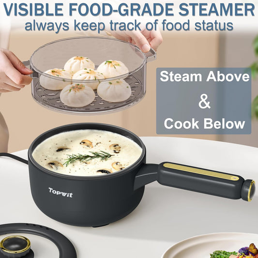 TOPWIT Hot Pot Electric with Steamer, 2L Multifunctional Electric Pot, Non-Stick Sauté Pan, Portable Pot for Steak, Fried Rice, Ramen, Soup with Dual Power Control (Spatula Not Included), Grey