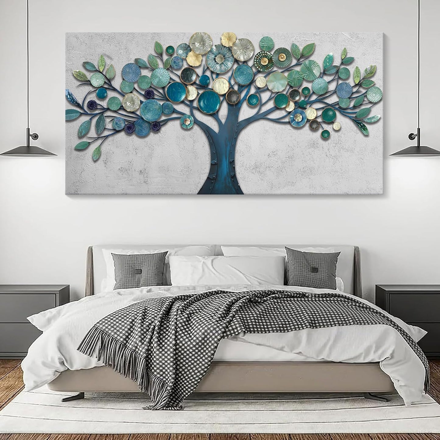 CHATYOUNG Large Canvas Wall Art - Wall Pictures Artwork for Living Room Tree of Life Blue Gold Leaves Gray Background Paintings Bedroom Dining Room Office Kitchen Home Decor 58"x29"