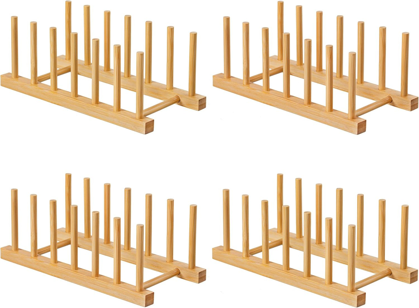 HBlife 4pcs Bamboo Dish Plate Bowl Cup Book Pot Lid Cutting Board Drying Rack Stand Drainer Storage Holder Organizer Kitchen Cabinet（Keep Dry）