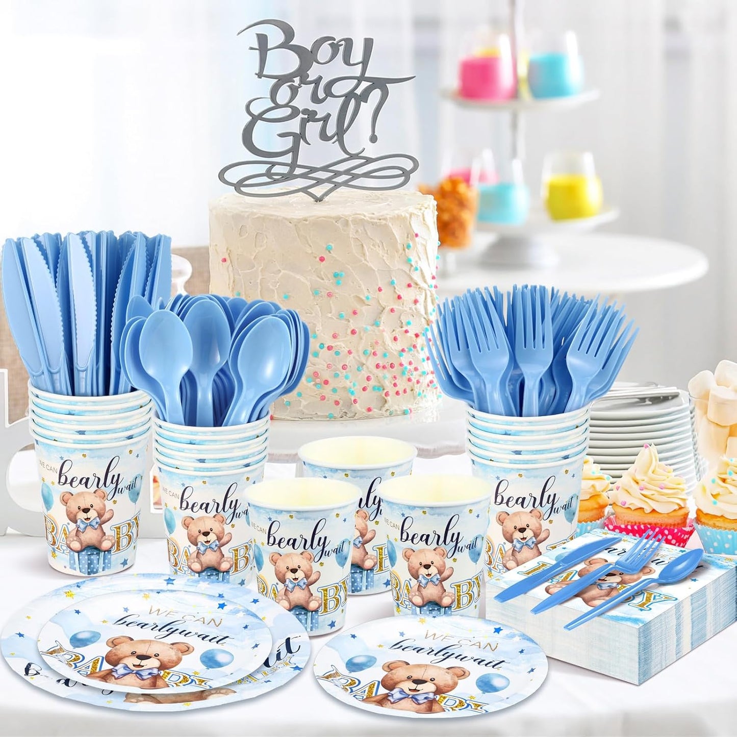 Dandat 350 Pcs Baby Shower Plates Set Baby Shower Party Supplies Serves 50 Tableware Sets Include Plates Napkin Cup Forks Knives Spoons Disposable Dinnerware(Bear,Blue)