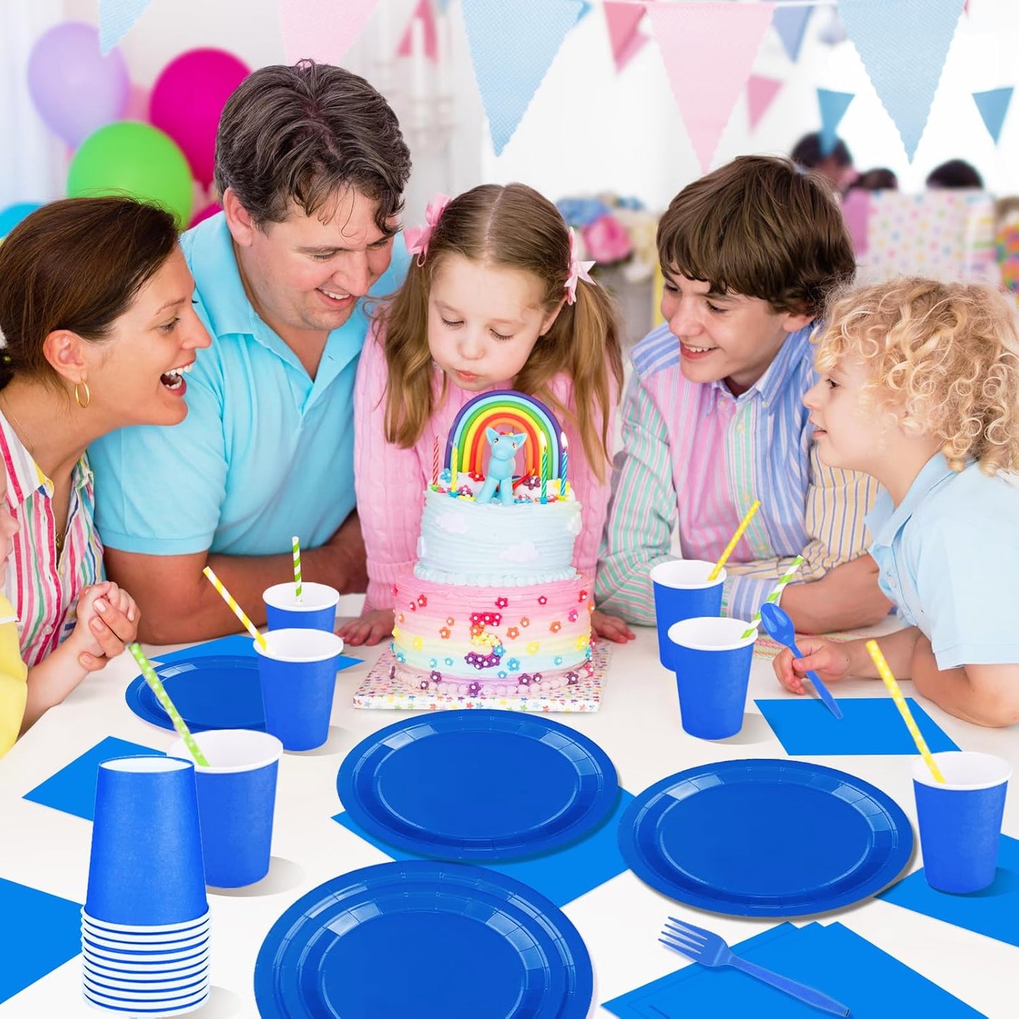 TWOWYHI 228PCS Blue Party Supplies Set Include Paper Plates Cups Blue Napkins Plastic Spoons Forks Knives for 30 Guests Disposable Party Dinnerware for Birthday Wedding Family Picnic