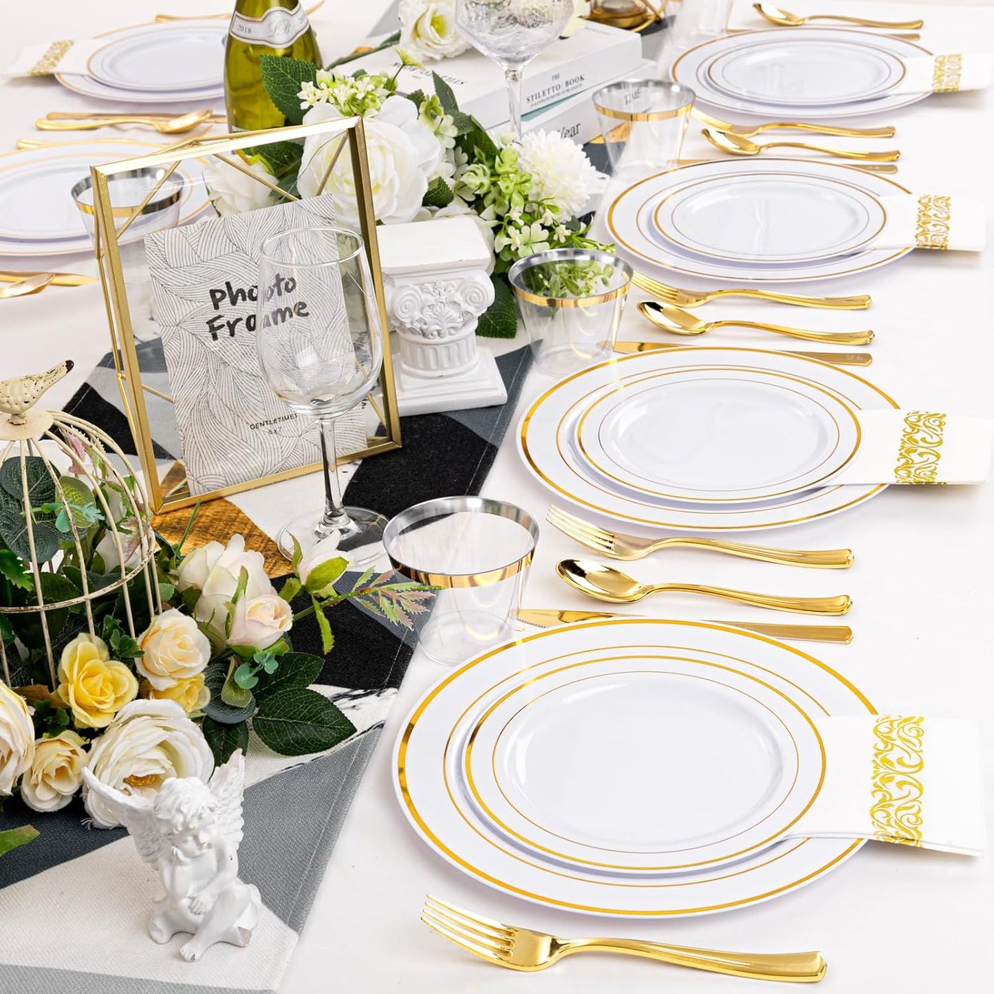 175 Pcs Gold Dinnerware Set, Plastic Plates Disposable for 25 Guests Include:25 Rim Dinner Plate, 25 Dessert Plate, 25 Paper Napkins, 25 Cups, 25 Gold Silverware Set Perfect for Party