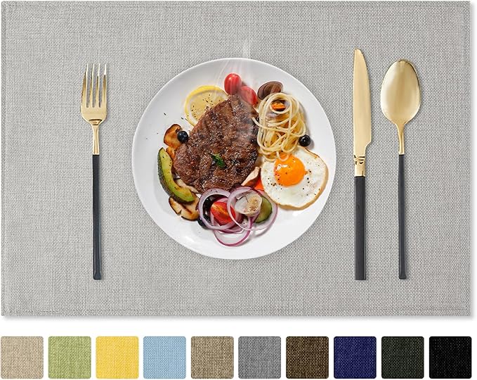Romanstile Cloth Placemats Set of 6-12 x 18 Inch, Heat Resistant Double Layered Thickened Burlap Place Mats, Washable Linen Farmhouse Table Mats for Kitchen/Dining/Party/Outdoor, Light Grey