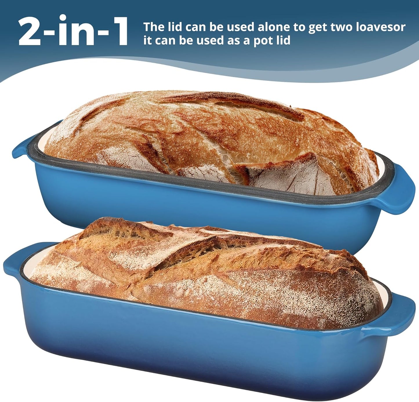 Enameled Cast Iron Loaf Pan with Lid, Dutch Oven Bread pan for Homemade Sourdough Bread Baking, 12.5x5.5 inch, 5qt, Lake Blue