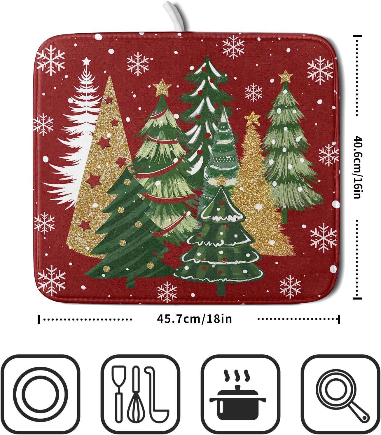 Christmas Red Dish Drying Mats 16x18 Inch, Gold Green Xmas Pine Trees Winter Holiday Absorbent Fast Dry Microfiber Dishes Drainer Rack Pad Farmhouse Rustic Holiday Kitchen Decor