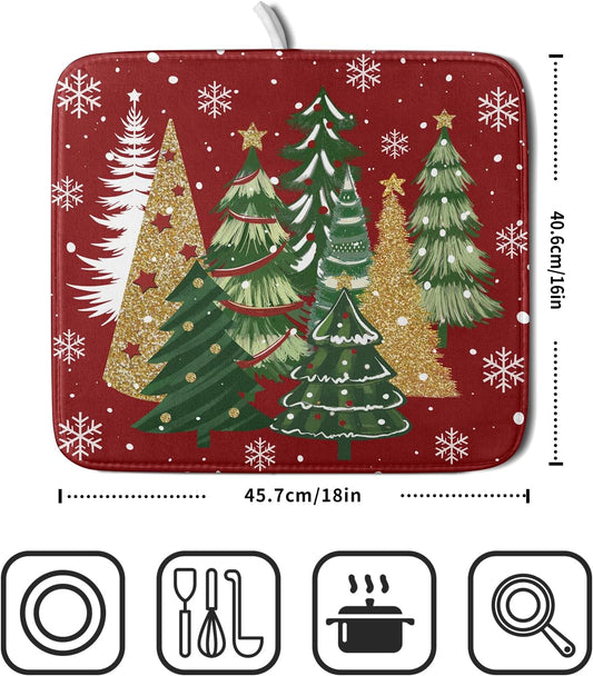 Christmas Red Dish Drying Mats 16x18 Inch, Gold Green Xmas Pine Trees Winter Holiday Absorbent Fast Dry Microfiber Dishes Drainer Rack Pad Farmhouse Rustic Holiday Kitchen Decor