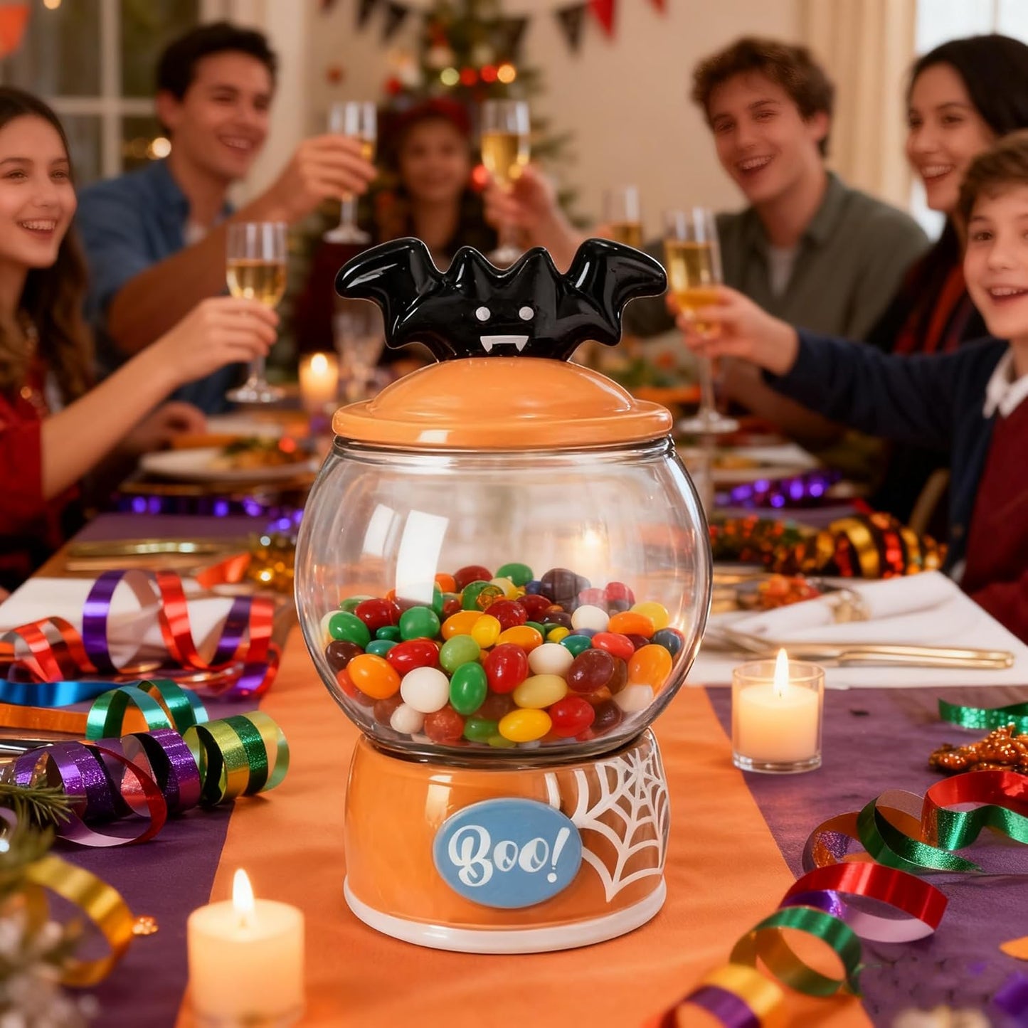 54 oz Halloween Candy Jar & Cookie Jar, Scary Bat Ceramic Lid with Seal, Clear Glass Food Display Jar, Hand-Painted Spider Web Patterned Ceramic Base, Food Jar for Christmas, Kitchen, Rice, Flour