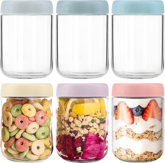 6-pack Overnight Oats Containers with Lids, 16oz Clear Glass Jars with Airtight Lids, Wide mouth Mason Jars, Food Storage Containers for Meal Prep Chia Spice Cereal Snacks Yogurt Salad Pudding Sugar