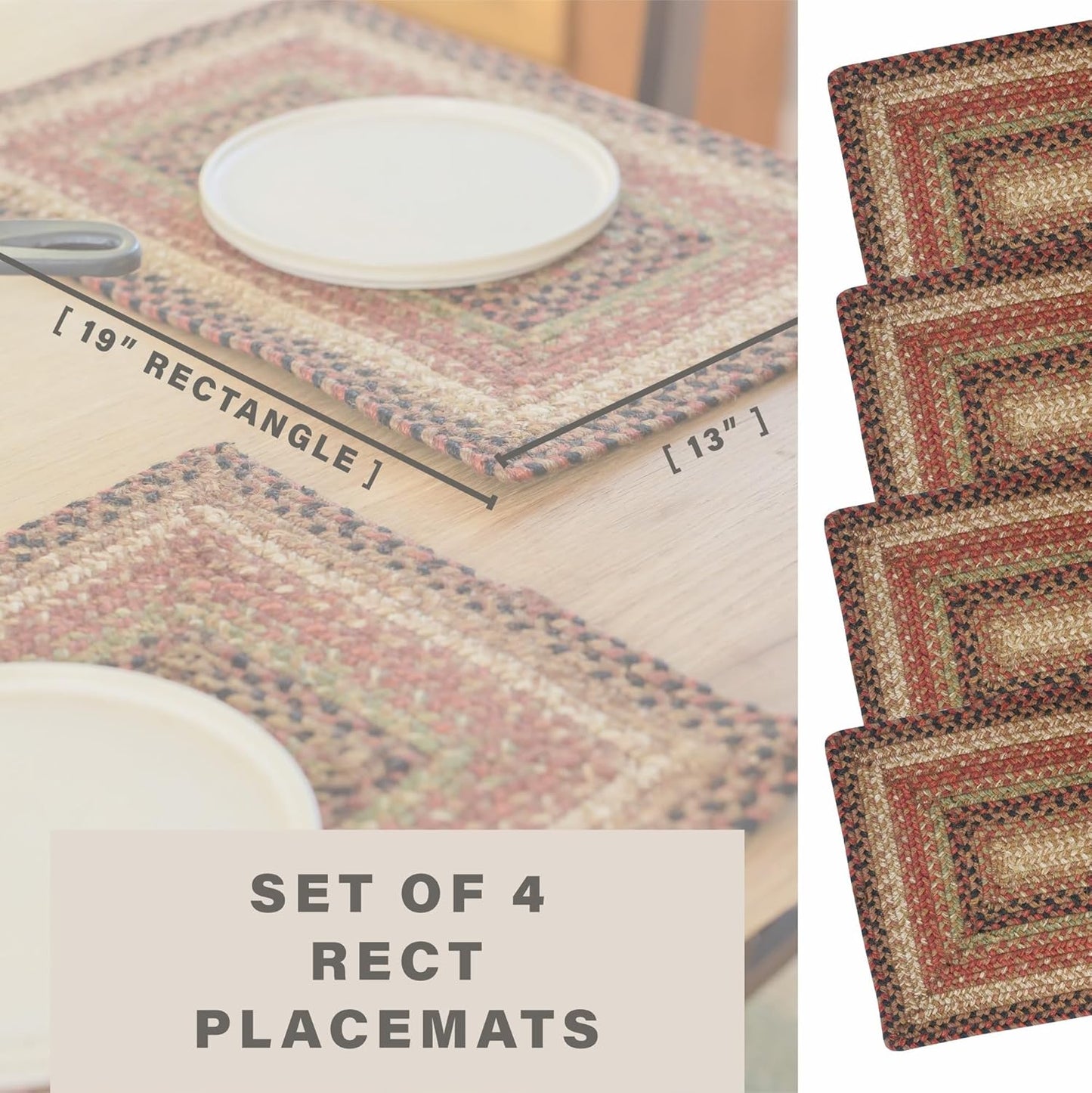 Homespice Gingerbread Jute Woven Placemats, Warm Country Decor, Set of 4, Brown 13x19 Rectangle Table Mats - Vibrant Colors, Durable, Easy to Clean and Protects Furniture