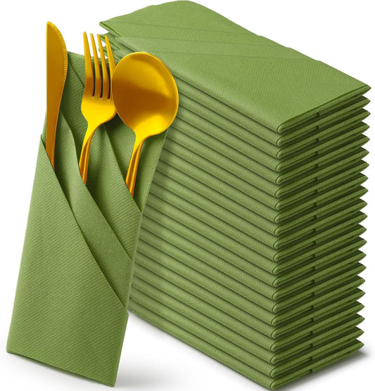 Qilery 50 Pcs Paper Linen Napkins Disposable Airlaid Paper Prefolded Dinner Napkins with Built in Flatware Pocket for Silverware Valentine Wedding Party Christmas Day (Green)