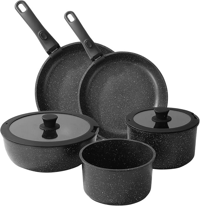 Ceramic Cookware Set 9 Pcs Pots and Pans Set with Detachable Handles Cooking Pan Saucepan Set Skillet Healthy Induction Cookware Oven Safe Dishwasher RV Kitchen Black