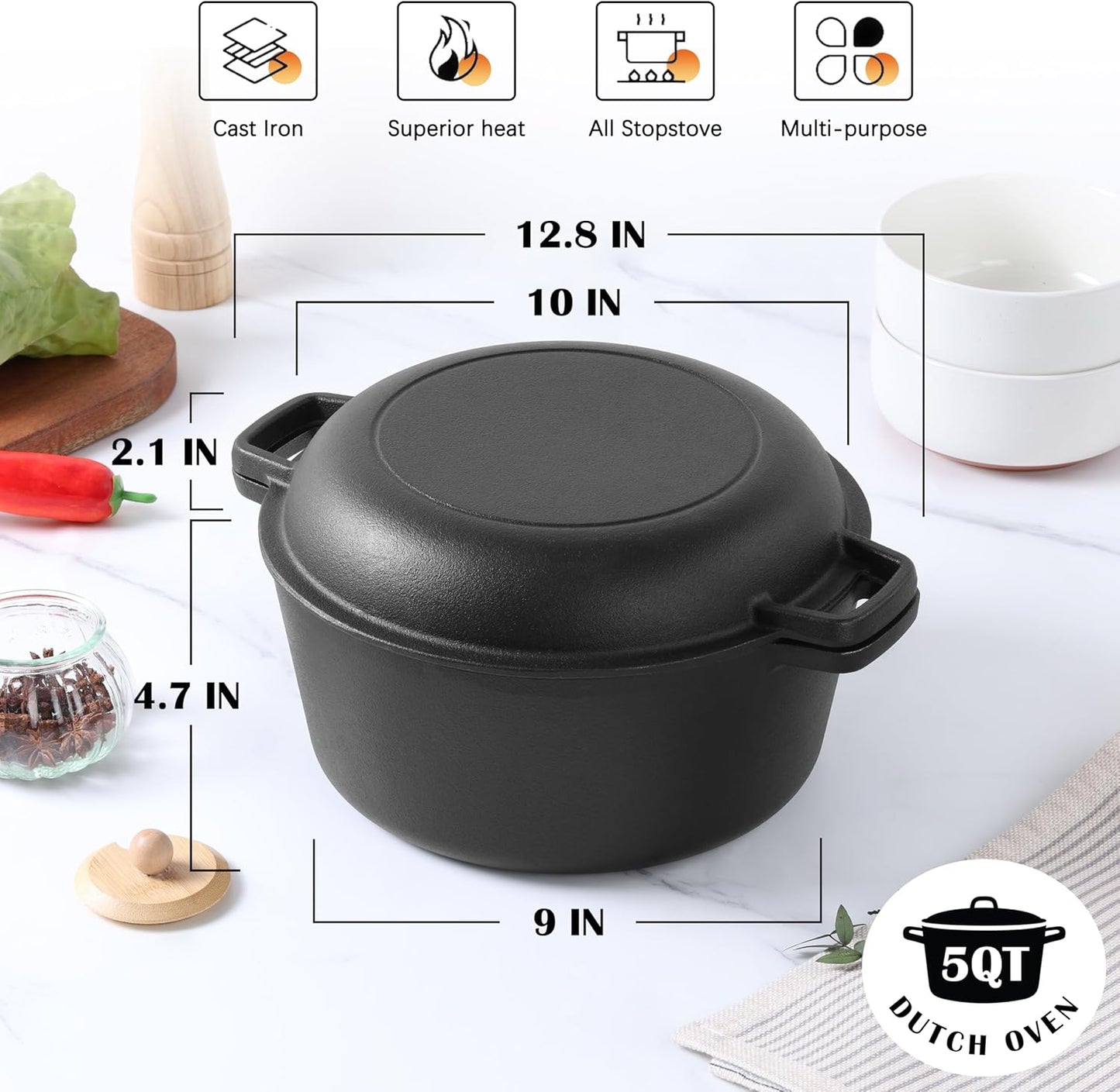 E-far 5QT Dutch Oven for Bread Baking, 2-IN-1 Cast Iron Pot with Skillet Lid & Sourdough Starter Kit, Bread Oven Pan with Baking Supplies for Frying, Braising, BBQ, Rust-Free & Heavy Duty