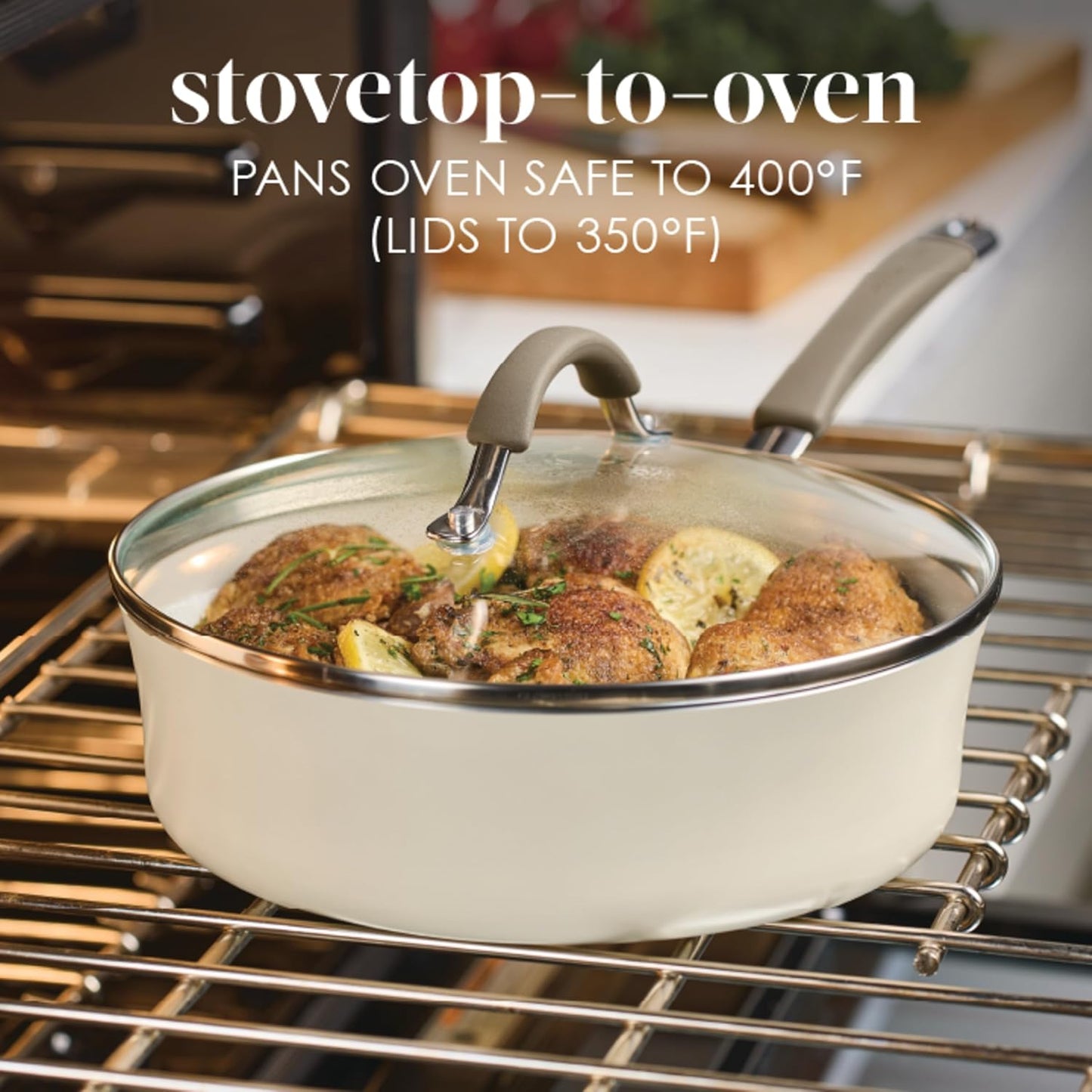 Rachael Ray Cucina Ceramic Nonstick Saute Pan with Lid, 3 Quart Non Stick Sauteuse Pan, Dishwasher Safe - Almond