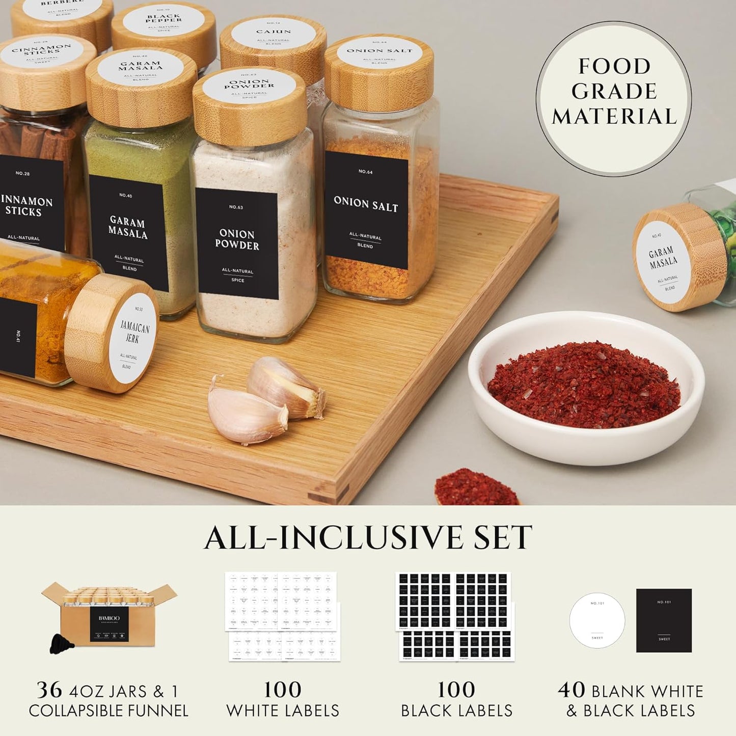 Glass Spice Jars with Label with Bamboo Lids 36 Pack Black Labels Set, 4oz Clear Empty Bottles Seasoning Organizer Jars with Shaker Lids, Small Square Airtight Spice Seasoning Containers Herb Storage