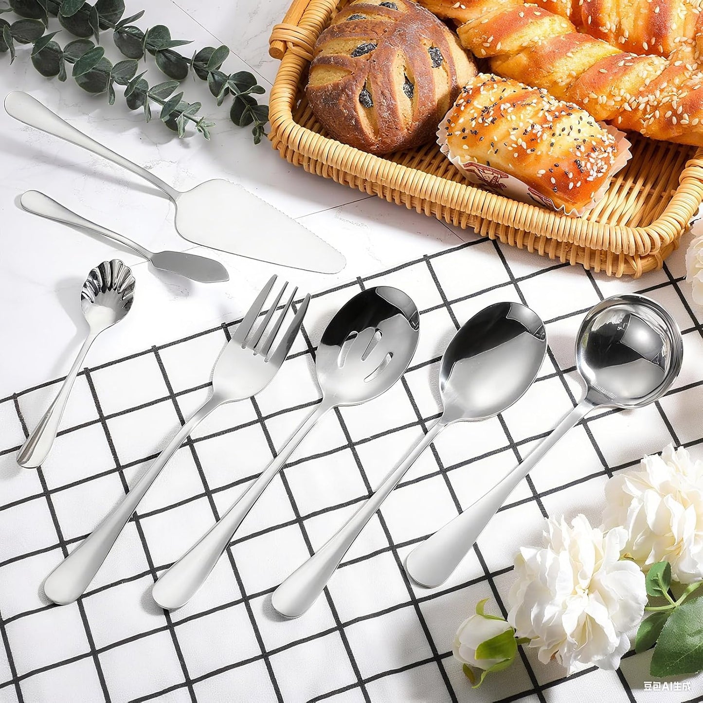 Patelai Serving Utensils Set Include Stainless Steel Large Spoons Slotted Spoons Forks Tongs Soup Ladle and Pie Server for Parties Buffet Catering, Dishwasher Safe(Silver,7 Pieces)