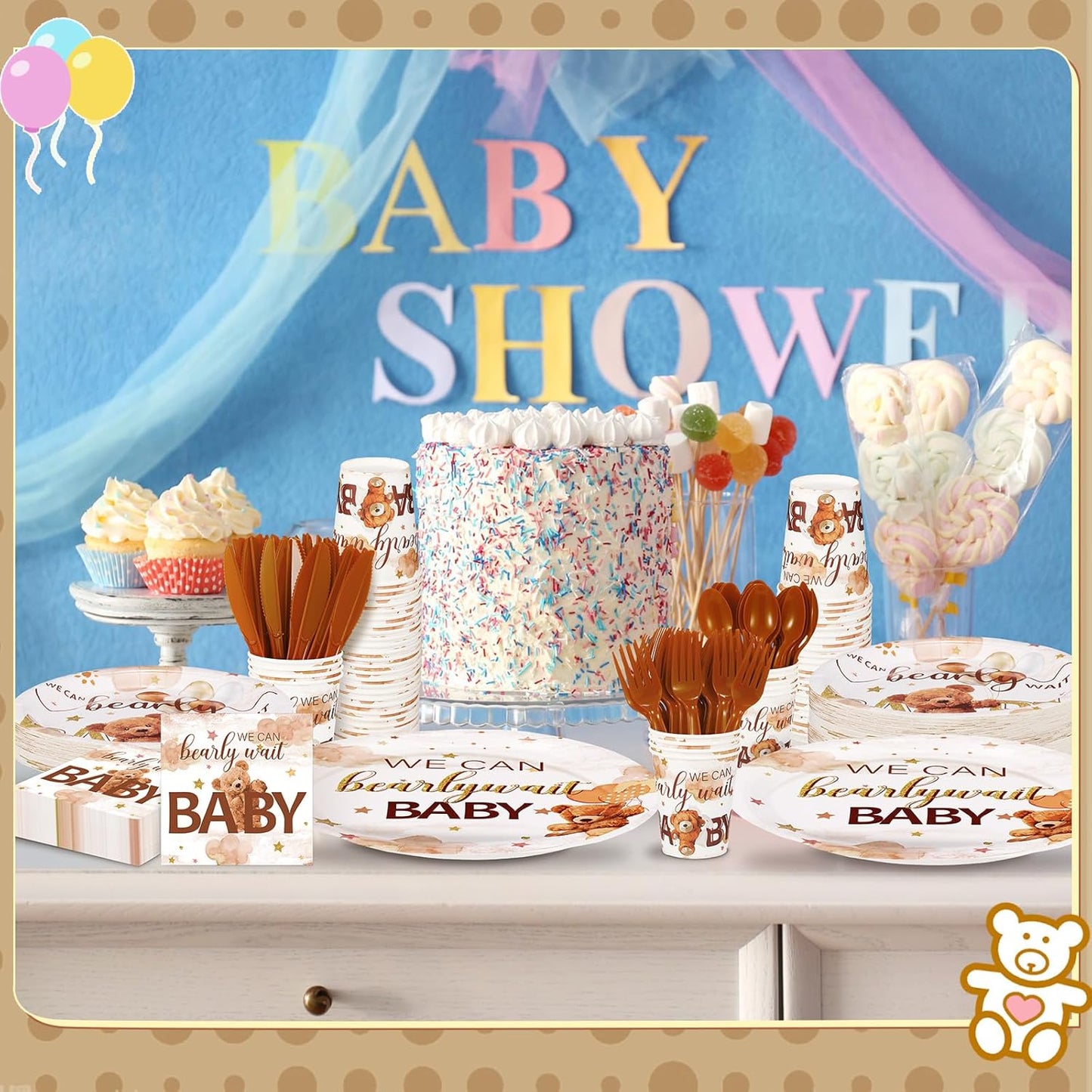 Dandat 350 Pcs Baby Shower Plates Set Baby Shower Party Supplies Serves 50 Tableware Sets Include Plates Napkin Cup Forks Knives Spoons Disposable Dinnerware(Bear,Brown)