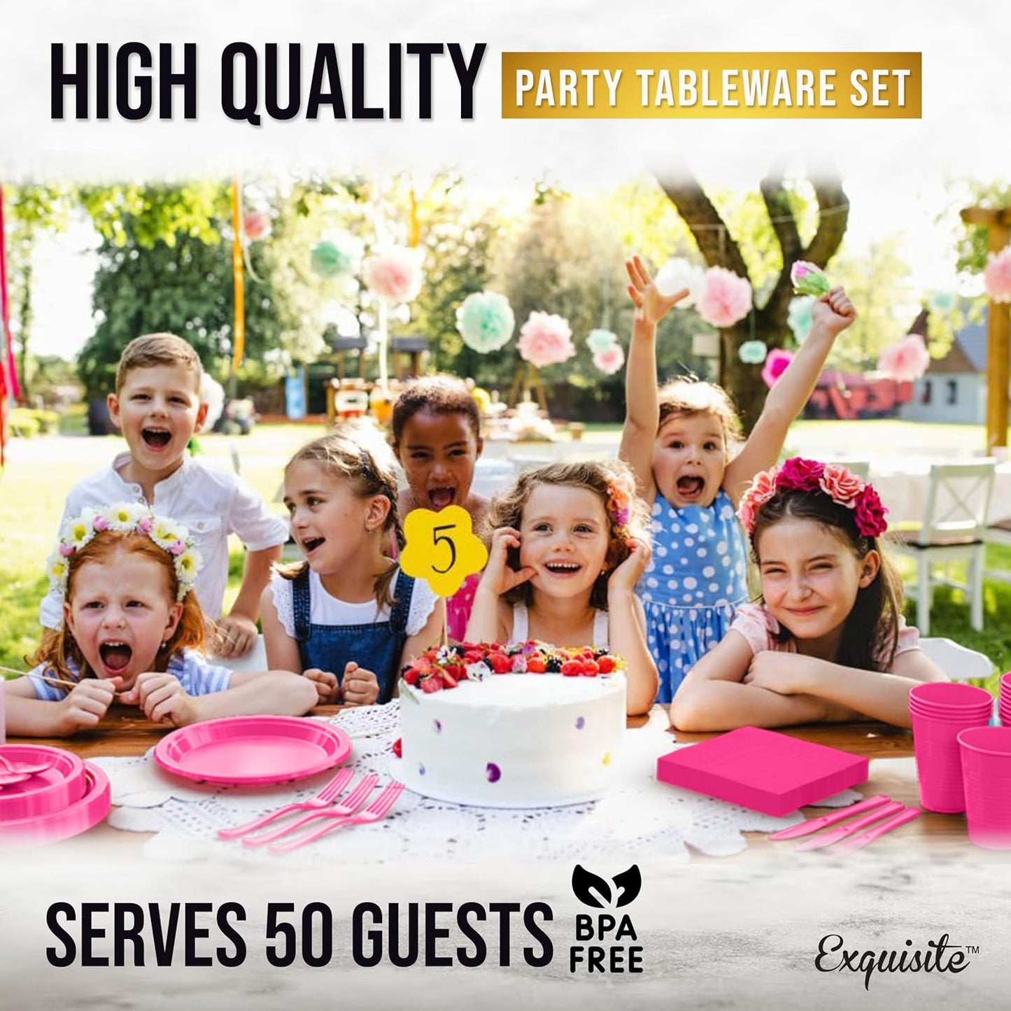 Party Solids 350 Pieces Cerise Plastic Plates For Party, Cerise Disposable Plates Set, 50 Of Each 9" Dinner Plate Set, 7" Dessert Plate, Cups, Napkins & Cutlery Plastic Dinnerware