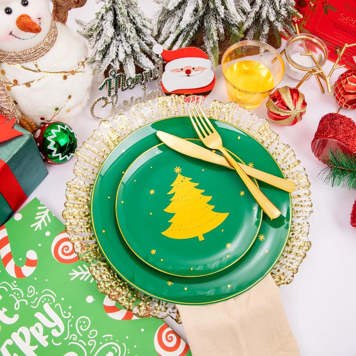 WDF 150pcs Christmas Plates Plastic Disposable - 25 Guests Green Plates with Gold Tree, Gold Plastic Silverware, Clear Gold Cups, Christmas Design Perfect for Christmas Parties, EJ