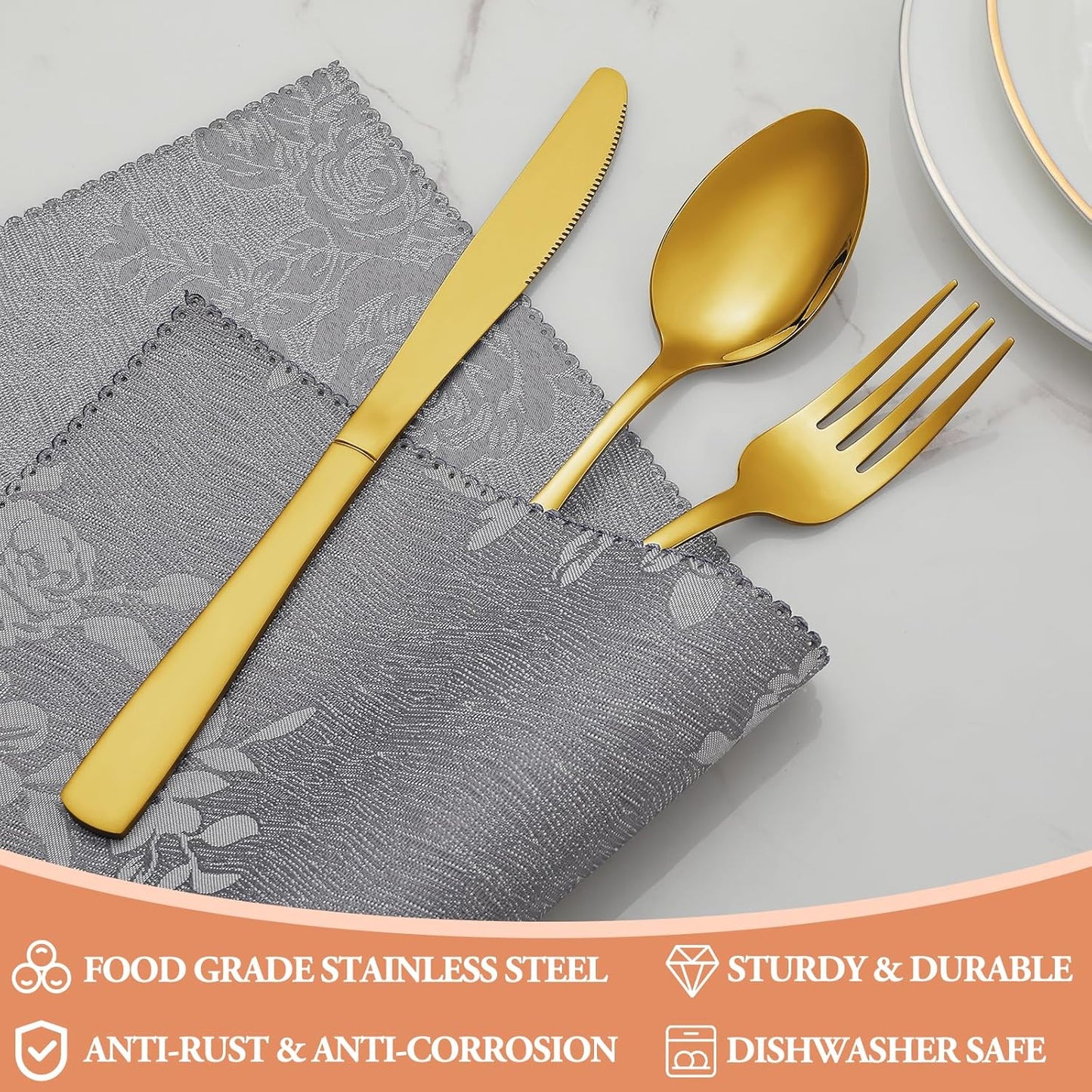 40 Pcs Gold Silverware Set, Stainless Steel Flatware Set for 8, Food-Grade Cutlery Set, Mirror Polished Tableware Eating Utensils Set for Home Kitchen, Include Knife Fork Spoon Set, Dishwasher Safe