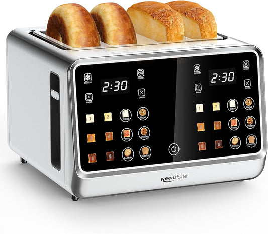 Keenstone Toaster 4 Slice, Digital Smart Toaster with TouchScreen, Dual Control Panel, Single Slot Toasting, Timer, Reheat & Defrost for Bagels, Bread, Waffles, Stainless Steel Kitchen Essentials