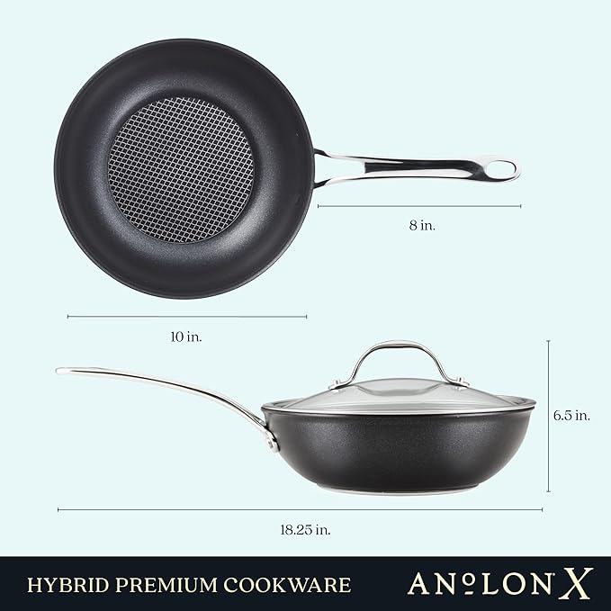 Anolon X Hybrid Nonstick Induction Stir Fry Wok Pan Cookware with Lid, Dishwasher Safe, Compatible with All Stovetops, 10 Inch - Charcoal Gray