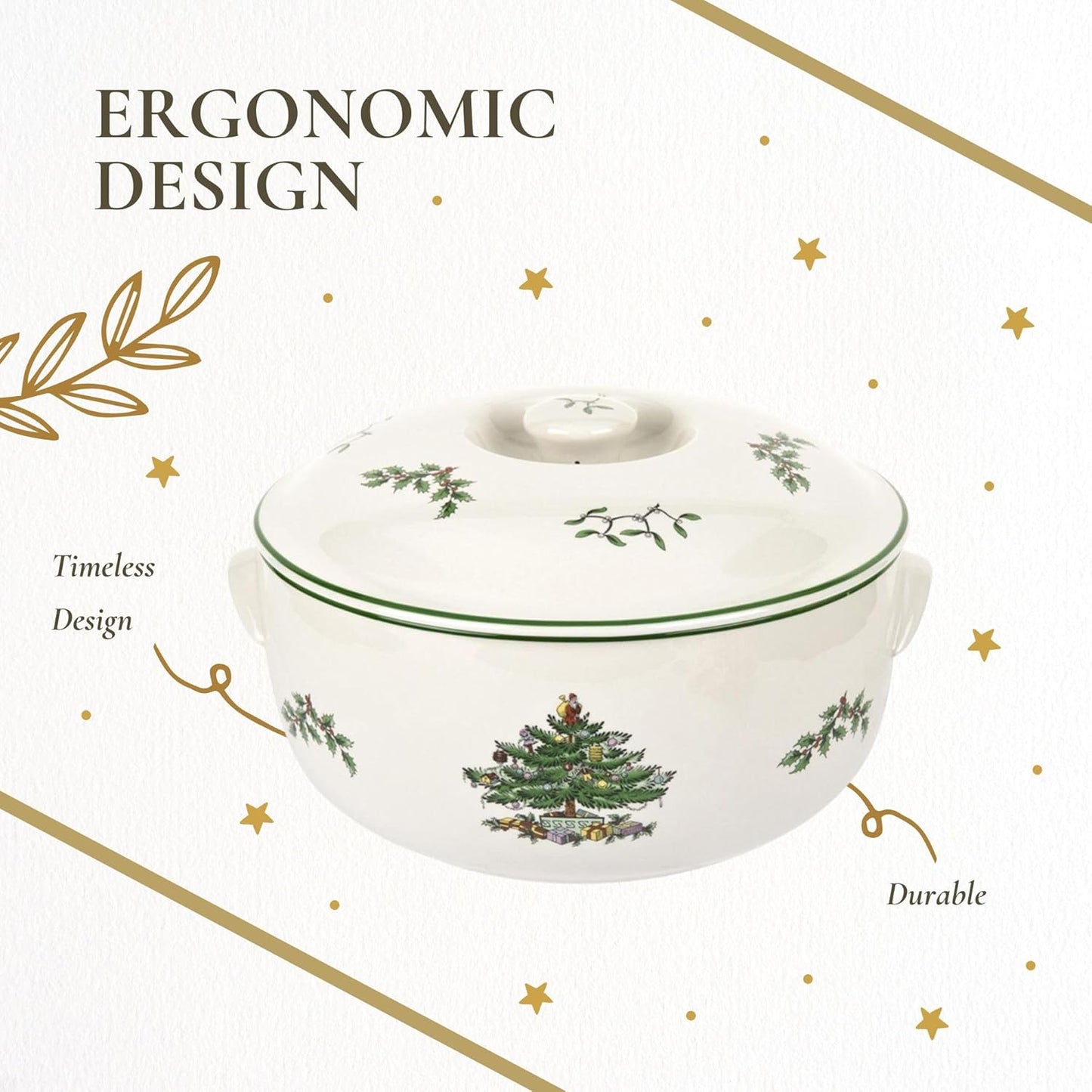 Spode Christmas Tree Round Covered Deep Casserole Dish (8.75" x 5") - Festive Holiday Serveware & Vintage Christmas Table Centerpiece - Fine Earthenware Classic Holiday Bakeware