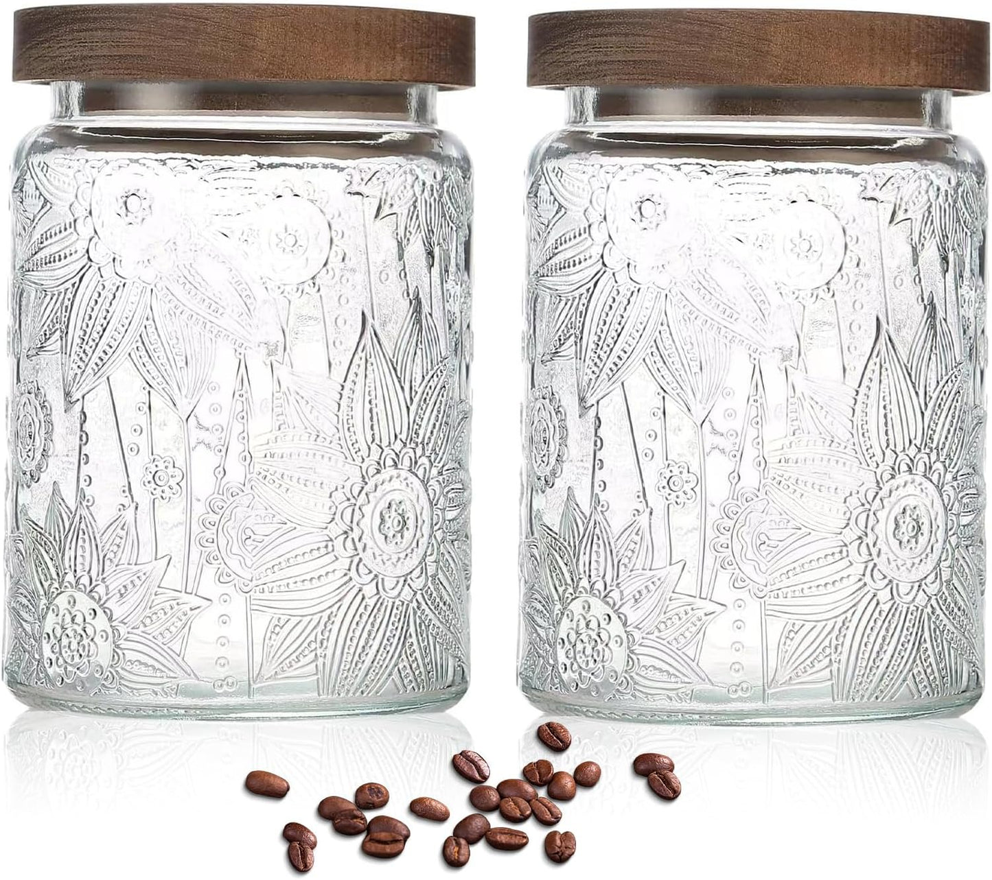 24 OZ Airtight Glass Storage Jar with Bamboo Lid - Vintage Glass Jar Vintage Food Containers Canisters Set for Kitchen Counter & Pantry - Ideal for Sugar, Flour, Coffee, Tea, Candy, Oats, Cereal