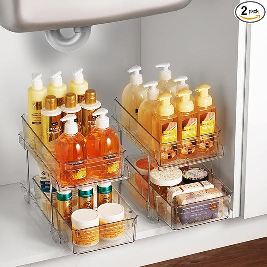 Masirs 2-Tier Clear Pull-Out Drawer Organizer - Sleek, Compact & Sturdy Makeup and Closet Organizer - Easy Assembly Kitchen Storage Solution, Ideal for Makeup, Tools, Medicines & Snacks - Pack of 2