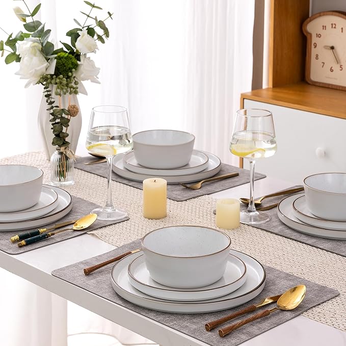 AmorArc Dinnerware Set for 4, 12 Pieces Ceramic Plates and Bowls Set, Handcrafted Speckled Stoneware Plates, Dishwasher & Microwave Safe Dishes- (White, Service for 4)