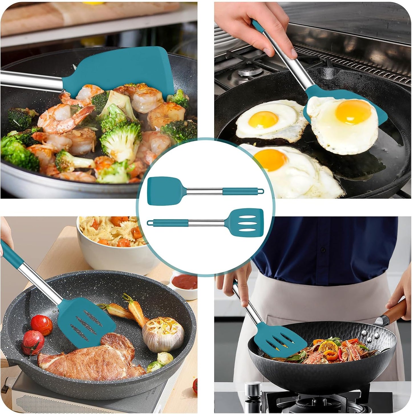 TeamFar Cooking Utensils Set, 4PCS Heatproof Silicone Utensil Kitchen Tools with Stainless Steel Handle, for Non-stick Cookware Flipping Frying Draining, Nontoxic & Non scratch, Easy Clean - Navy Blue